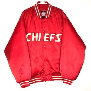 Vtg Kansas City Chiefs Jacket Red Puffy Starter Full Button Up 90s Satin Coat XL